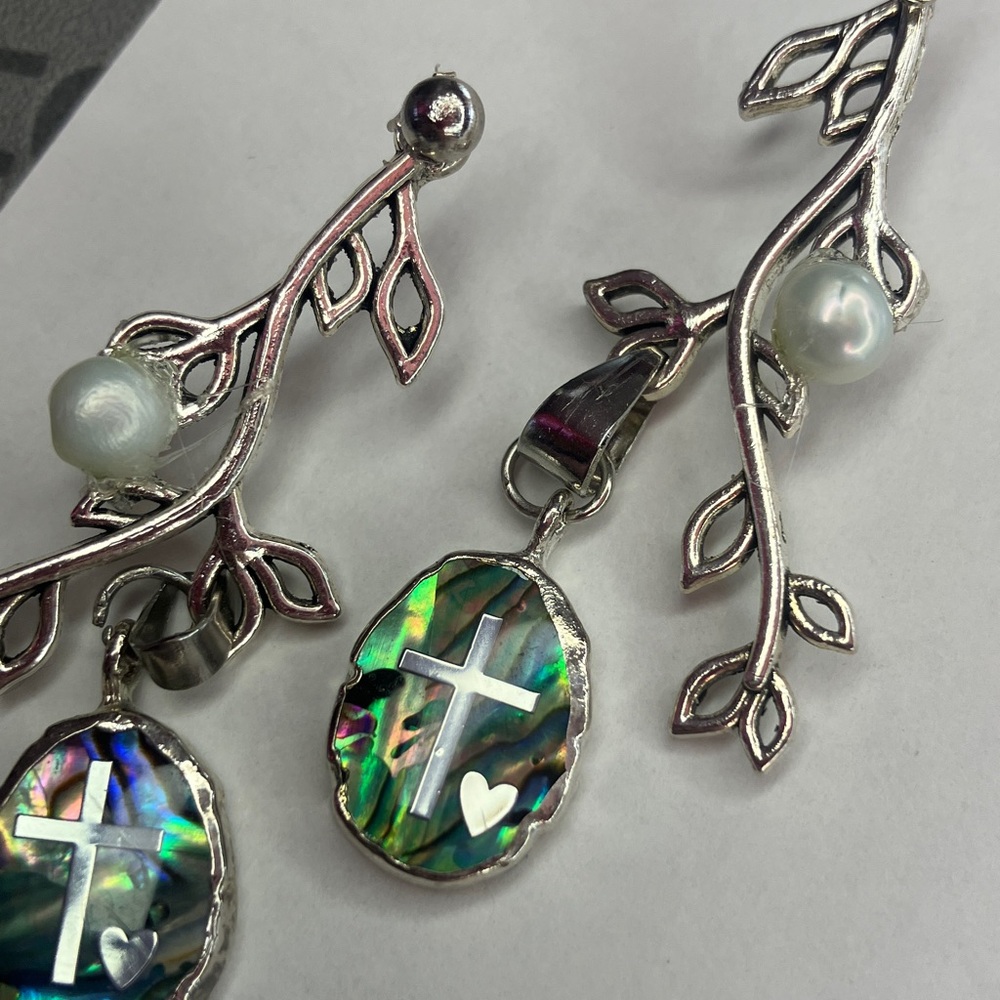 Handmade Silver Leaf Cross Heart earrings White pearl Aurora Barriles Charm - Picture 2 of 12